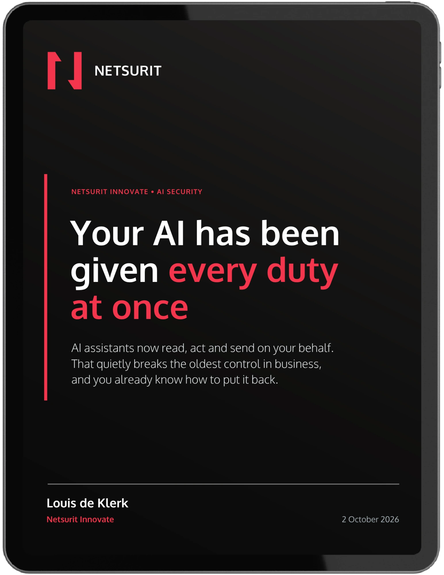 Securing AI Assistants whitepaper cover shown on an iPad